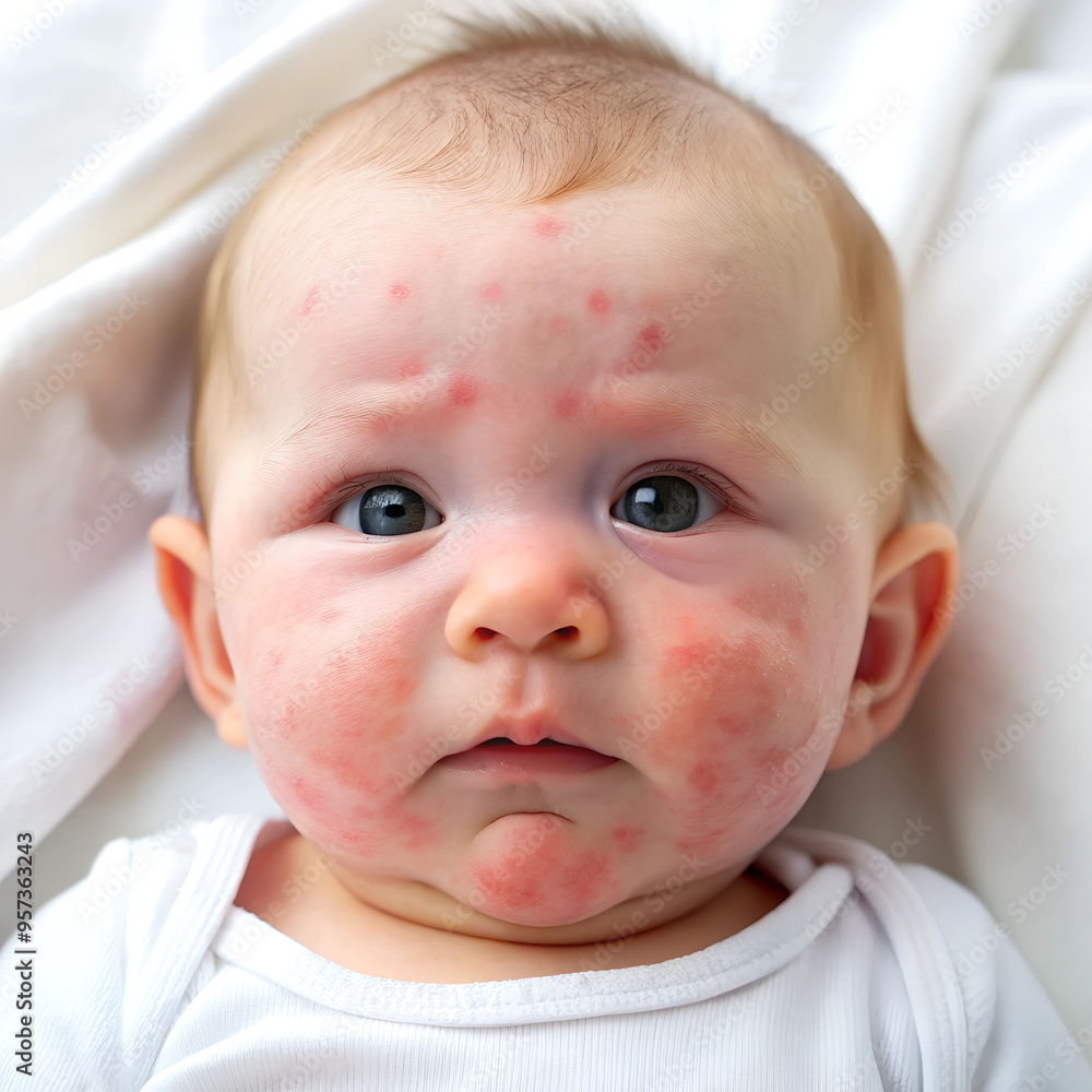 A newborn baby suffering from baby acne cradle cap and eczema on the face and cheeks on white background A newborn baby suffering from baby acne cradle cap and eczema on the face and cheeks on white background