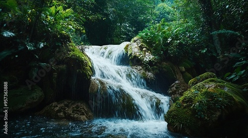   A lush green forest surrounds a small waterfall in the center