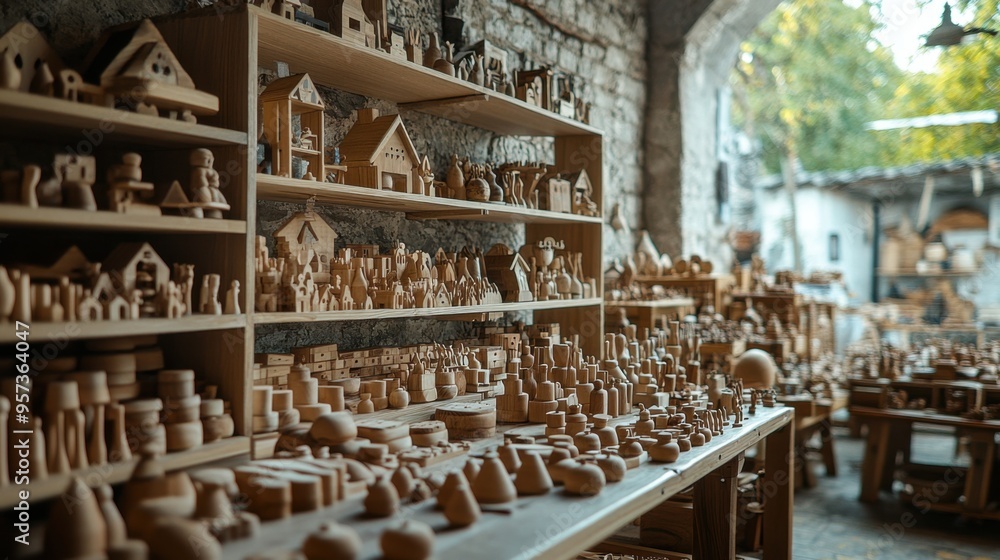 Handcrafted wooden toys in a rustic shop Handcrafted wooden toys in a rustic shop