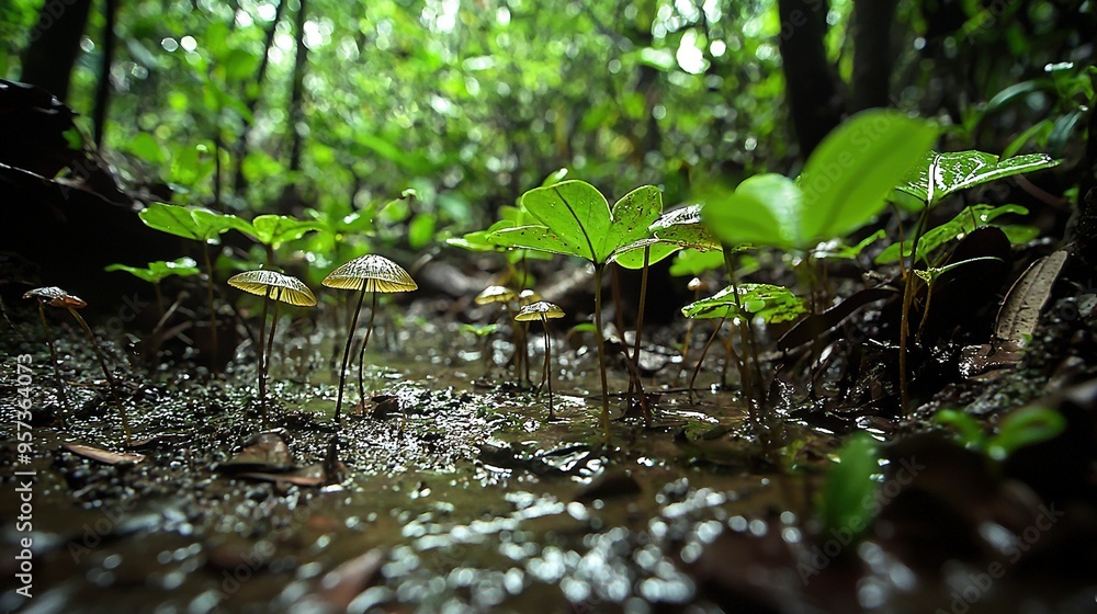 A cluster of mushrooms resting atop a forest floor surrounded by lush green foliage A cluster of mushrooms resting atop a forest floor surrounded by lush green foliage