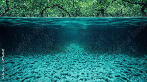 underwater view of a mangrove forest, with empty, clear waters showcasing the unique root structures. The tranquil scene evokes a sense of mystery and untouched natural beauty