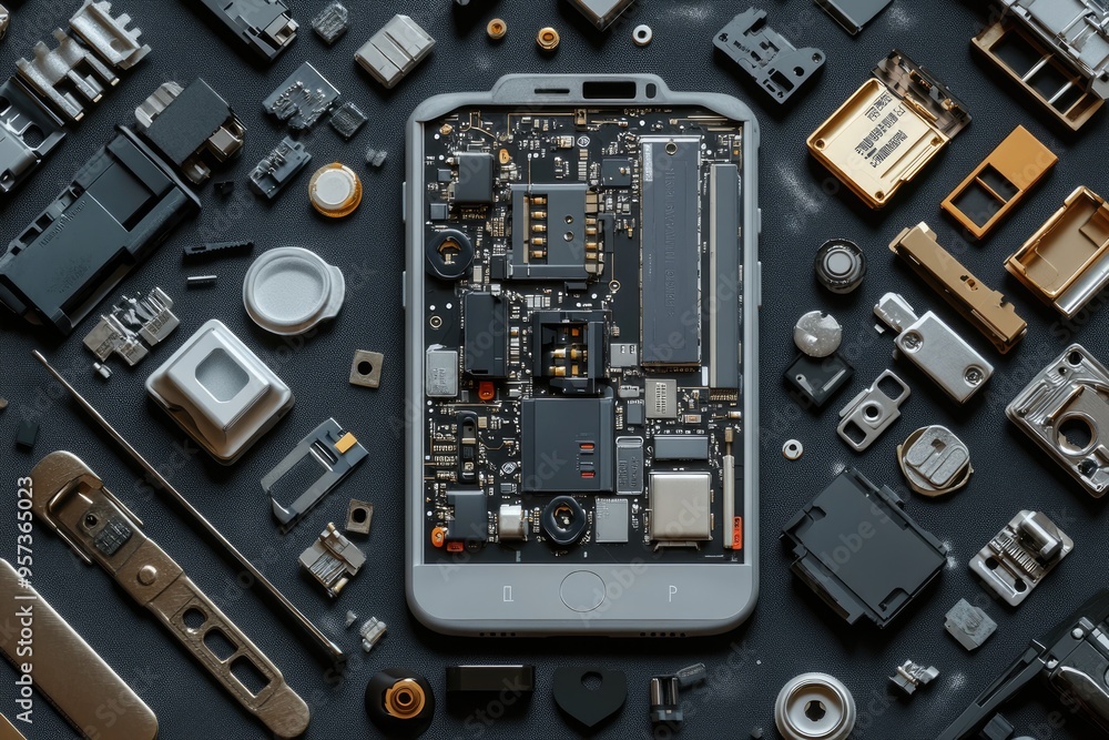 A disassembled smartphone with parts scattered around. This image is perfect for illustrating repair, technology, and electronics. A disassembled smartphone with parts scattered around. This image is perfect for illustrating repair, technology, and electronics.