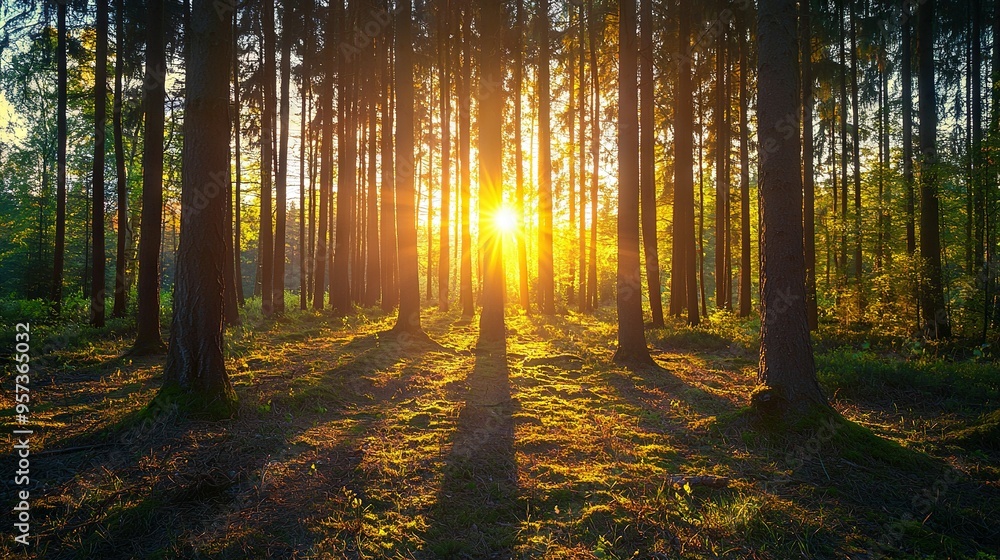Obraz premium The sun shines through the trees, illuminating a forest with lush grass on the ground