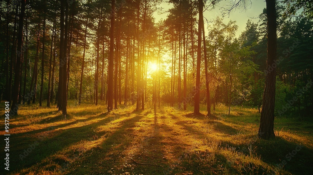 Obraz premium Sunlight filters through the leaves as it passes along the winding trail surrounded by greenery