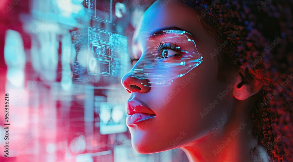 In a dimly lit tech space, a girl with expressive features intensely analyzes glowing code on multiple monitors In a dimly lit tech space, a girl with expressive features intensely analyzes glowing code on multiple monitors
