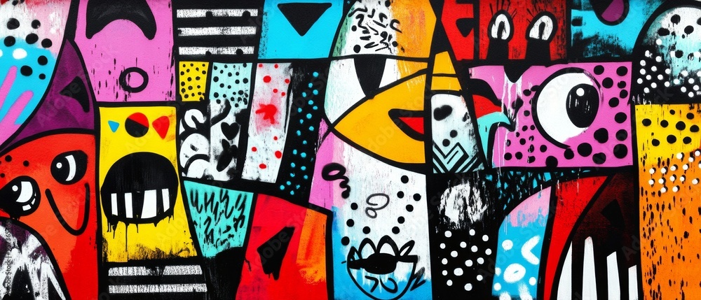 A colorful painting of faces with a variety of expressions A colorful painting of faces with a variety of expressions