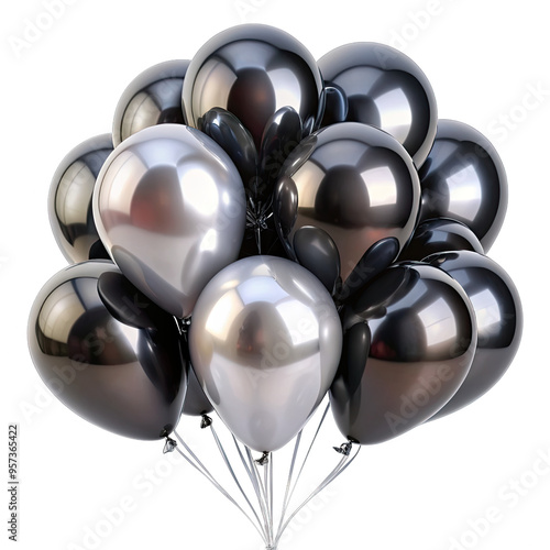 A bunch of shiny black and silver balloons tied together with silver strings
