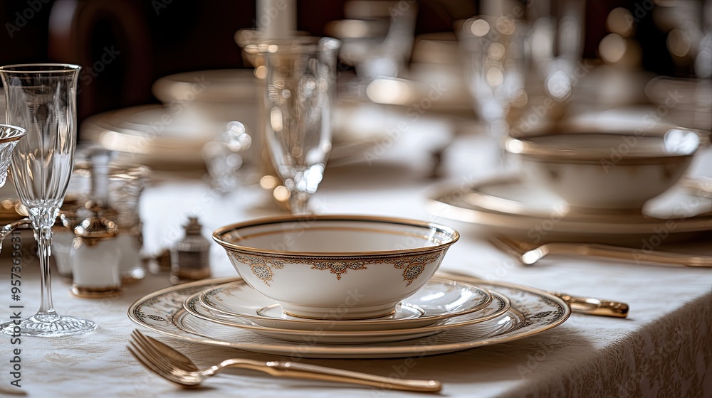 Elegant dinnerware setting with gold accents. Perfect for depicting luxury, fine dining, or a special occasion. Elegant dinnerware setting with gold accents. Perfect for depicting luxury, fine dining, or a special occasion.