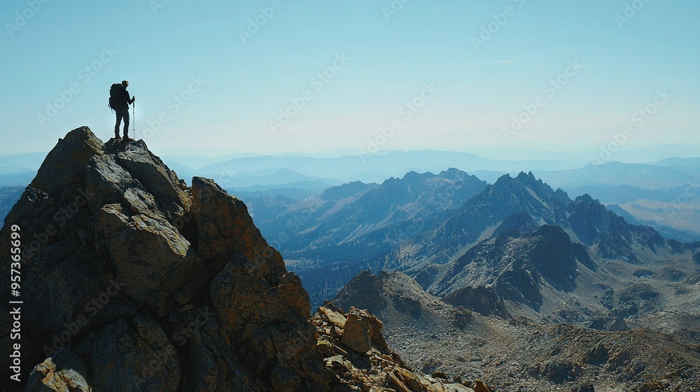 A person atop a mountain surveys a valley below and distant mountains beyond A person atop a mountain surveys a valley below and distant mountains beyond