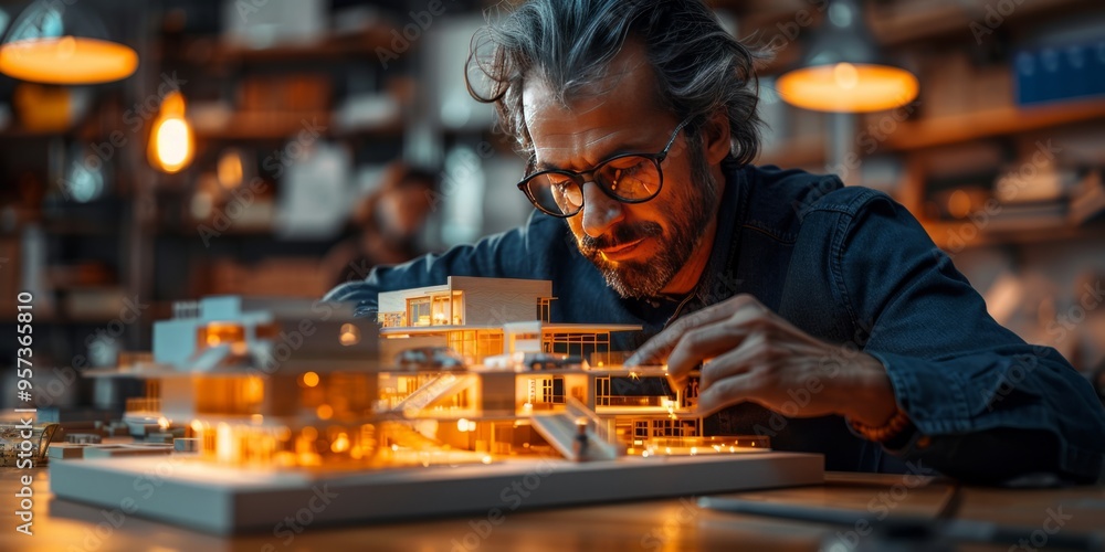 Architect meticulously working on an illuminated architectural model in a dimly lit, creative studio environment Architect meticulously working on an illuminated architectural model in a dimly lit, creative studio environment