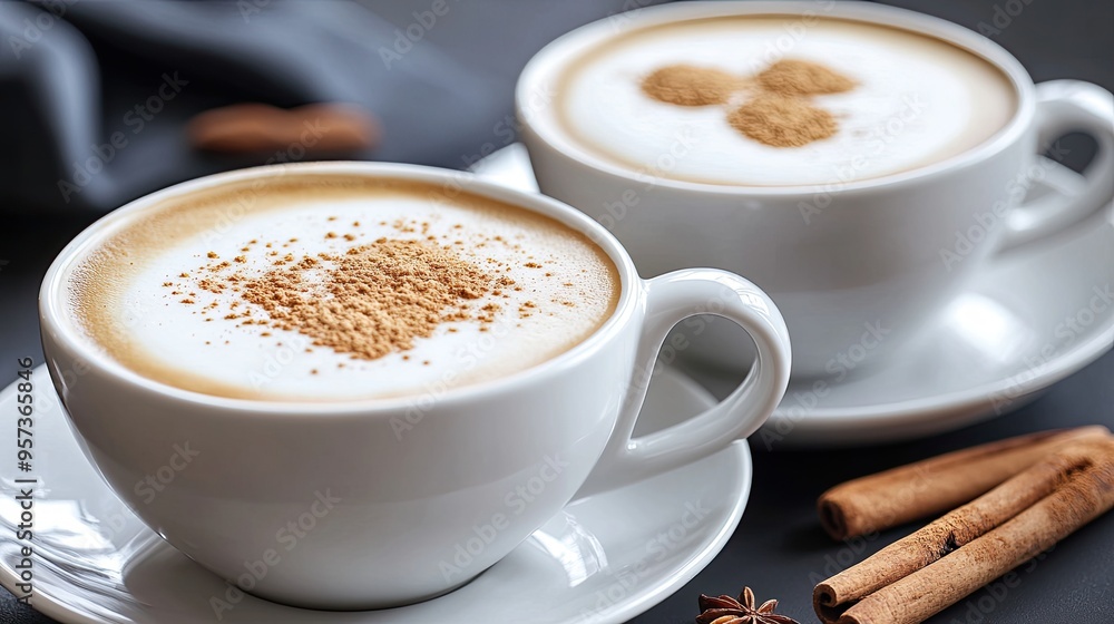 A rustic ceramic cup filled with frothy coffee sits beside cinnamon sticks and scattered coffee beans, creating a warm, inviting atmosphere in soft, warm tones A rustic ceramic cup filled with frothy coffee sits beside cinnamon sticks and scattered coffee beans, creating a warm, inviting atmosphere in soft, warm tones
