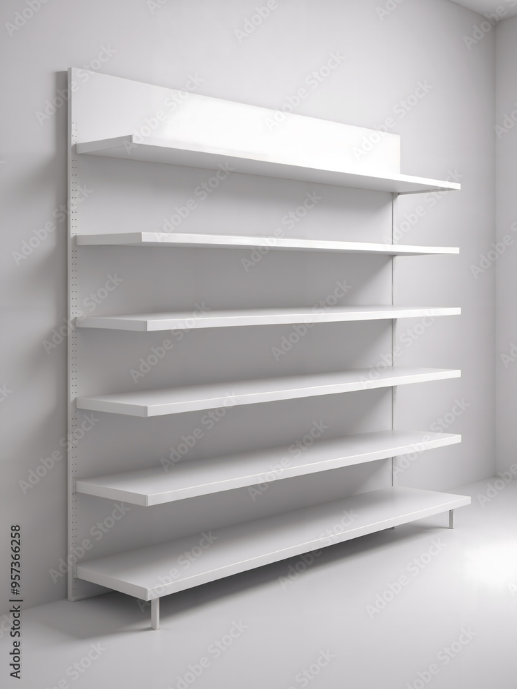 Set of white empty store shelves. Retail double shelf rack. Showcase display. Mockup template ready for your design. 3D rendering illustration. Isolated on white background. Gondola style. Set of white empty store shelves. Retail double shelf rack. Showcase display. Mockup template ready for your design. 3D rendering illustration. Isolated on white background. Gondola style.