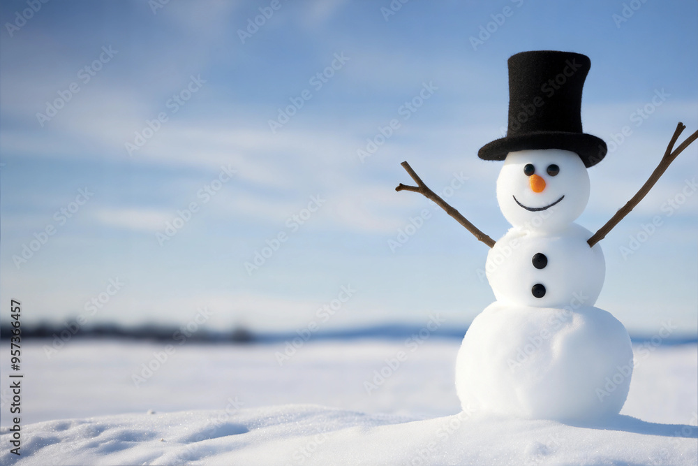 Cheerful snowman with top hat and stick arms, winter landscape, playful atmosphere, copy space Cheerful snowman with top hat and stick arms, winter landscape, playful atmosphere, copy space