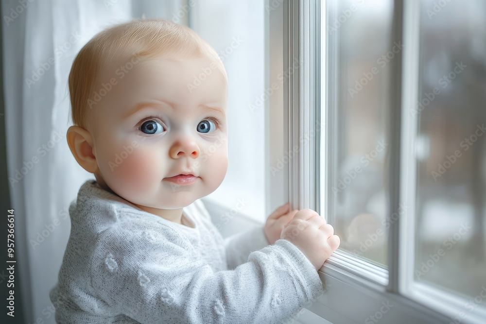 Adorable baby girl looking out window. Perfect for websites and articles about childhood, family, or growth. Adorable baby girl looking out window. Perfect for websites and articles about childhood, family, or growth.