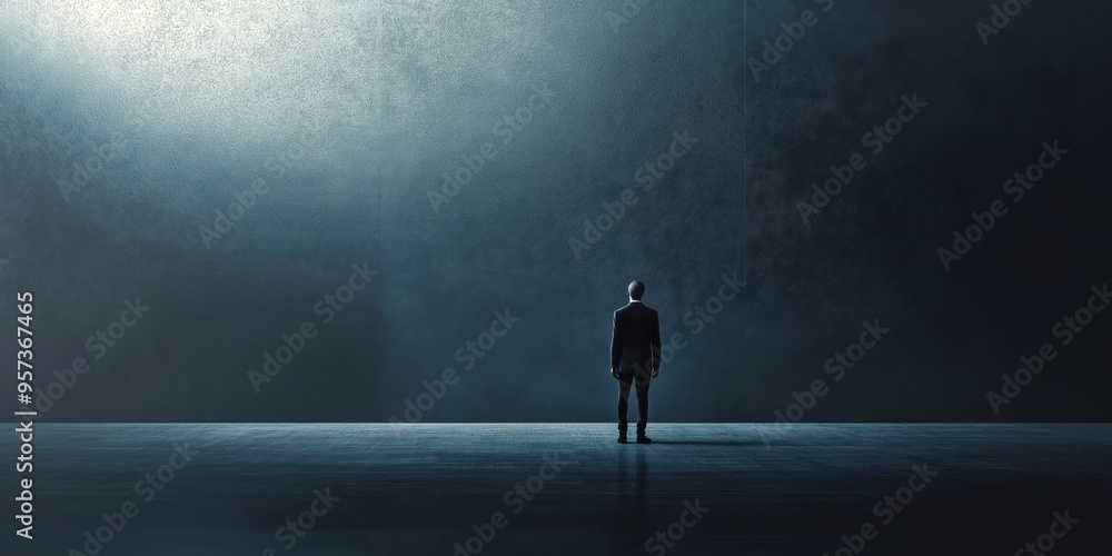 Solitary figure in vast space of contemplation and modern isolation Solitary figure in vast space of contemplation and modern isolation