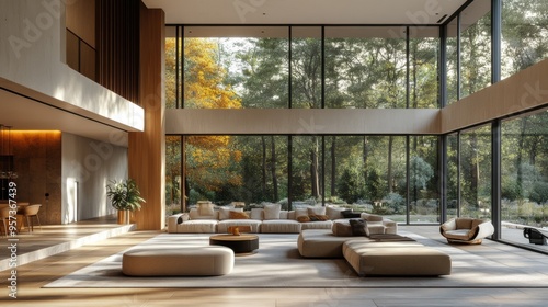 Luxurious modern living room with large windows