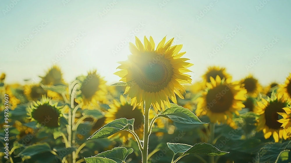Obraz premium A vast sunflower meadow bathed in golden sunlight with a clear blue sky as the backdrop