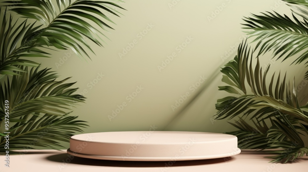 Beige background for product presentation with shadow of tropical palm leaves and light. Neural network ai generated art Beige background for product presentation with shadow of tropical palm leaves and light. Neural network ai generated art