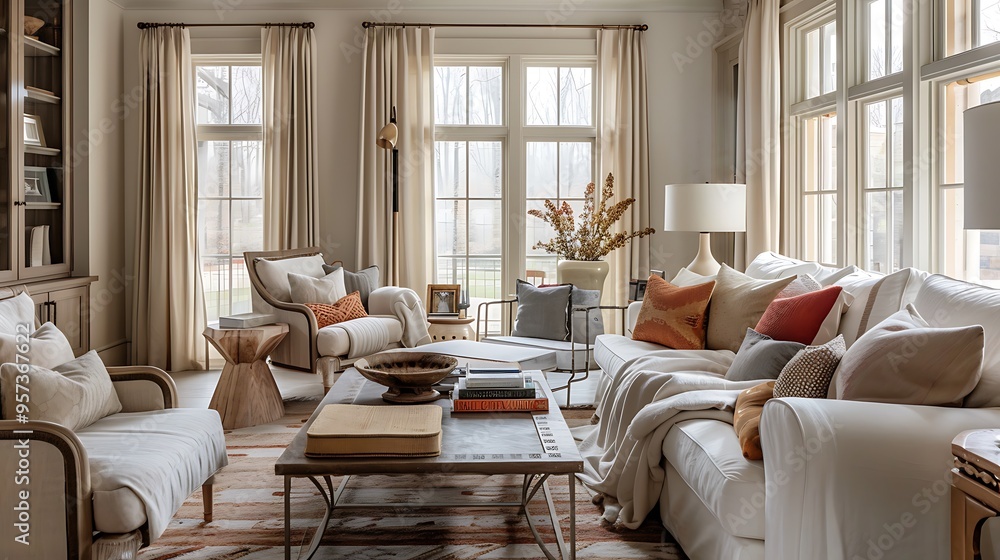 Cozy transitional living space with soft textiles and a mix of styles Cozy transitional living space with soft textiles and a mix of styles
