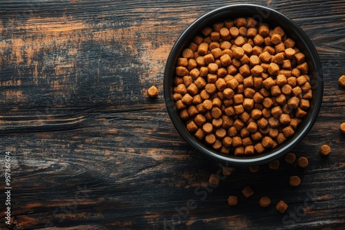 Bowl of dog food on rustic wood. Perfect for pet food, animal care, and healthy eating themes. photo