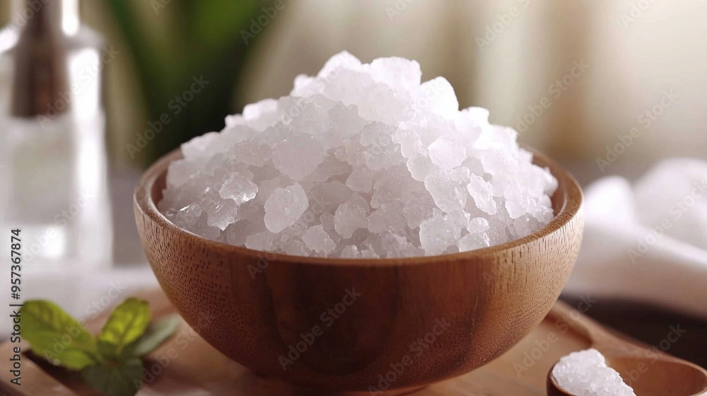 sea salt crystals scattered on a rustic wooden surface, showcasing their coarse texture and natural white color. The image captures a serene and calming atmosphere, evoking a sense of relaxation sea salt crystals scattered on a rustic wooden surface, showcasing their coarse texture and natural white color. The image captures a serene and calming atmosphere, evoking a sense of relaxation