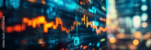 The financial chart displayed on the digital screen illustrates a fluctuating stock market trend with vibrant colors, capturing the energy of economic activity in a contemporary setting