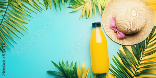 Refreshing summer vibes with tropical juice and straw hat on vibrant background photo