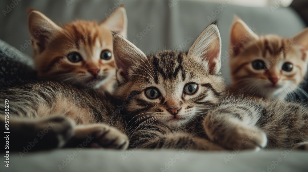 group of cute kittens lying on the sofa looking at the camera group of cute kittens lying on the sofa looking at the camera