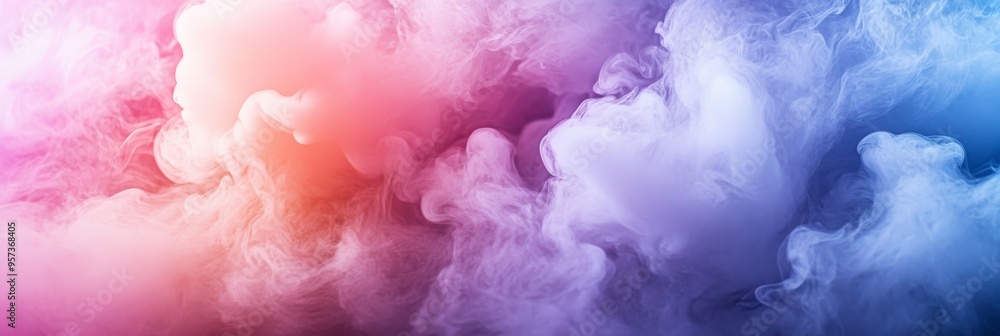 Fototapeta premium A wideangle perspective captures swirling clouds of neon smoke in soft pastel hues. The abstract forms blend beautifully, creating a mesmerizing and colorful atmosphere that draws the eye