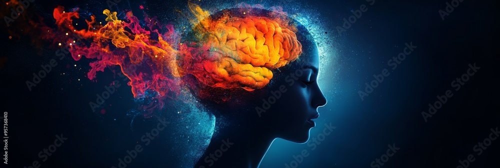 A striking silhouette of a human head features vibrant colors and abstract shapes exploding outward, symbolizing the power of creativity and imagination in an expressive, artistic style A striking silhouette of a human head features vibrant colors and abstract shapes exploding outward, symbolizing the power of creativity and imagination in an expressive, artistic style