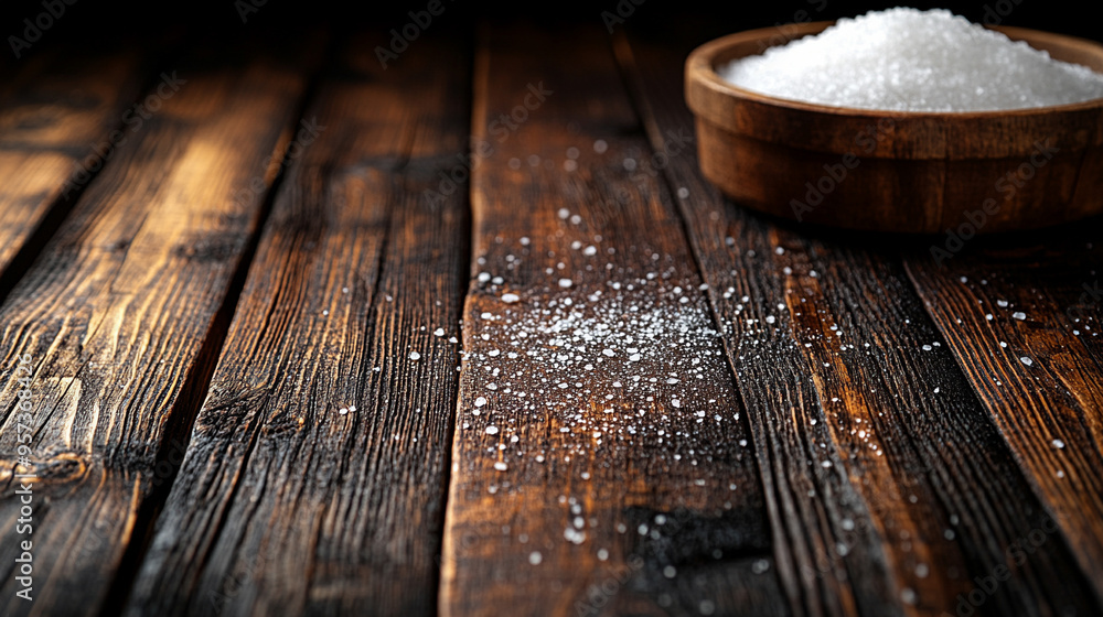 sea salt crystals scattered on a rustic wooden surface, showcasing their coarse texture and natural white color. The image captures a serene and calming atmosphere, evoking a sense of relaxation sea salt crystals scattered on a rustic wooden surface, showcasing their coarse texture and natural white color. The image captures a serene and calming atmosphere, evoking a sense of relaxation