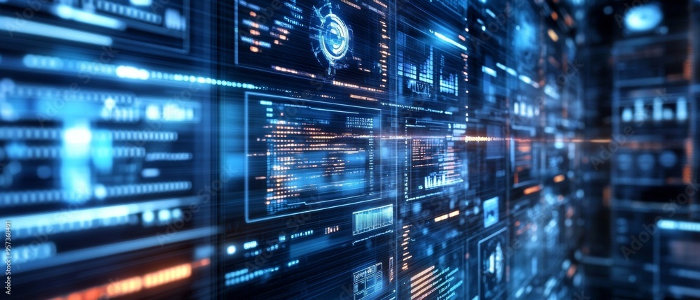A computer screen with many different screens and a glowing blue background A computer screen with many different screens and a glowing blue background