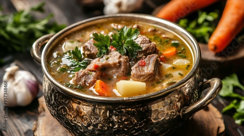 Hungarian national cuisine: Lamb leg soup with horseradish.