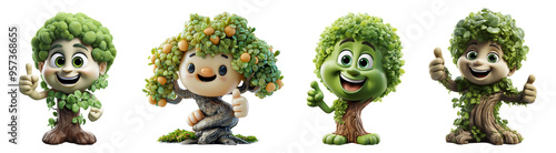 tree character icon set with ok finger symbol, isolated on transparent background, generated ai