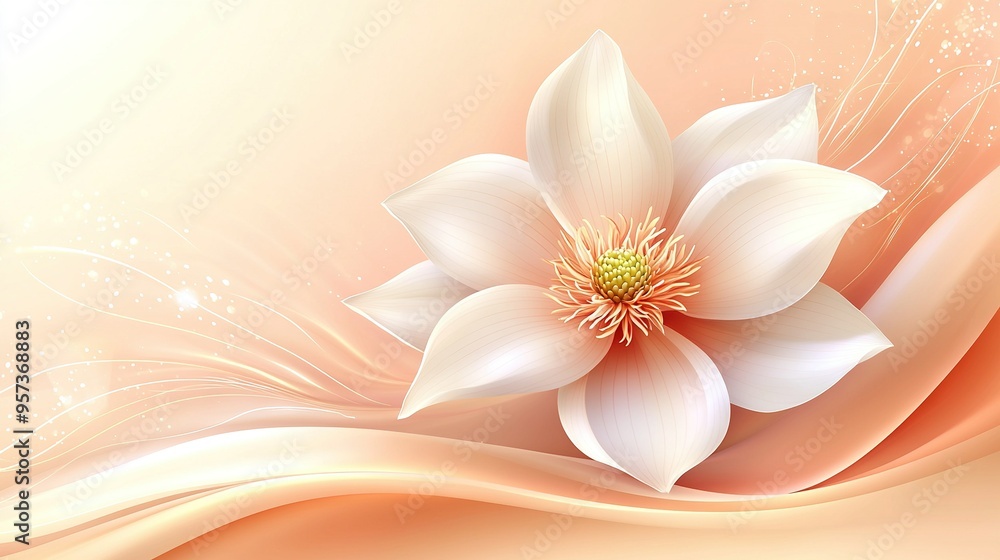 A white flower with a yellow center resting atop pink and white waves, adorned with glittering sparkles in the background A white flower with a yellow center resting atop pink and white waves, adorned with glittering sparkles in the background
