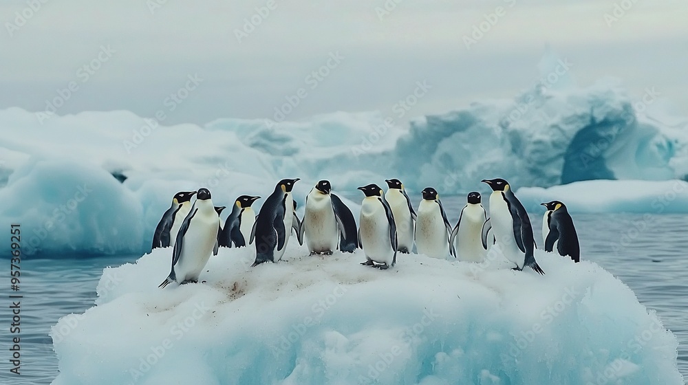 Fototapeta premium A group of penguins perched atop an ice float, facing an adjacent iceberg in the ocean