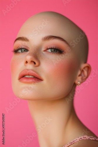 A bald woman against a soft pink background. A bald woman with a serene expression that conveys calm and strength.