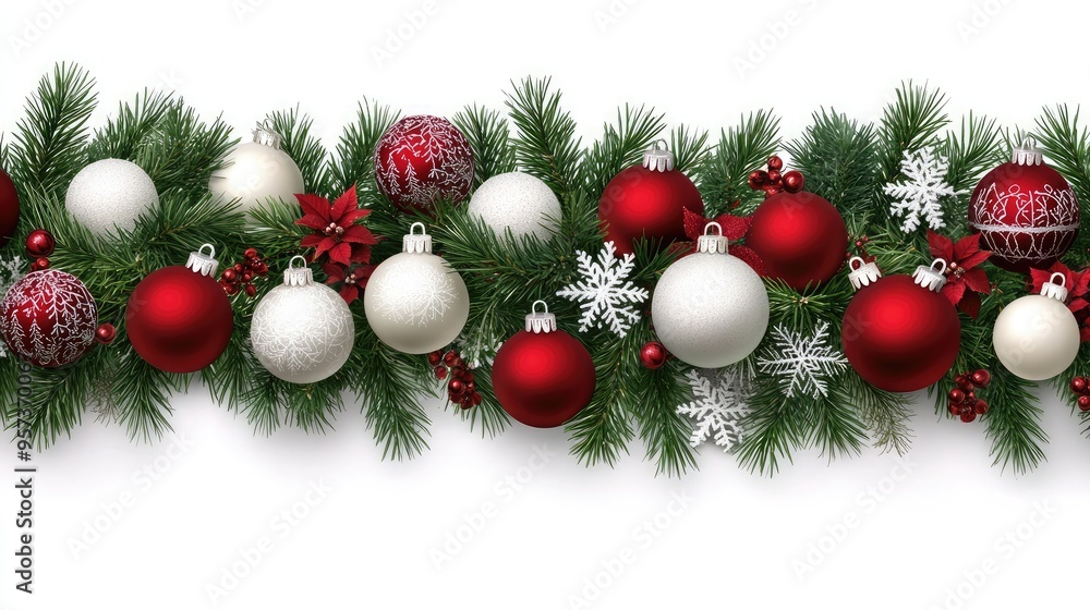 A festive arrangement of red and white ornaments is beautifully placed on lush pine branches, creating a cheerful holiday border against a pristine background A festive arrangement of red and white ornaments is beautifully placed on lush pine branches, creating a cheerful holiday border against a pristine background