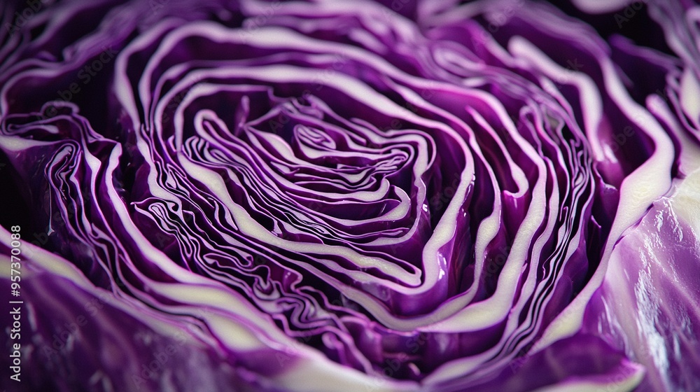 Obraz premium A close-up of a purple cabbage with white swirls in its flower petals
