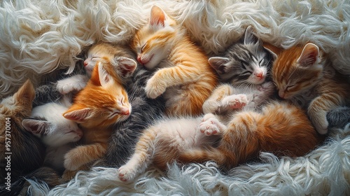  A group of kittens huddled together on a bed of soft white blankets