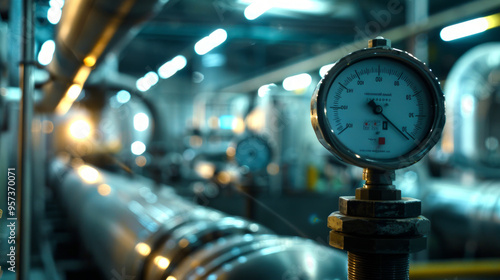 Industrial Pressure Gauge in a Factory With Blurred Pipelines and Lights. Concept of Precision Engineering, Manufacturing, and Industrial Equipment