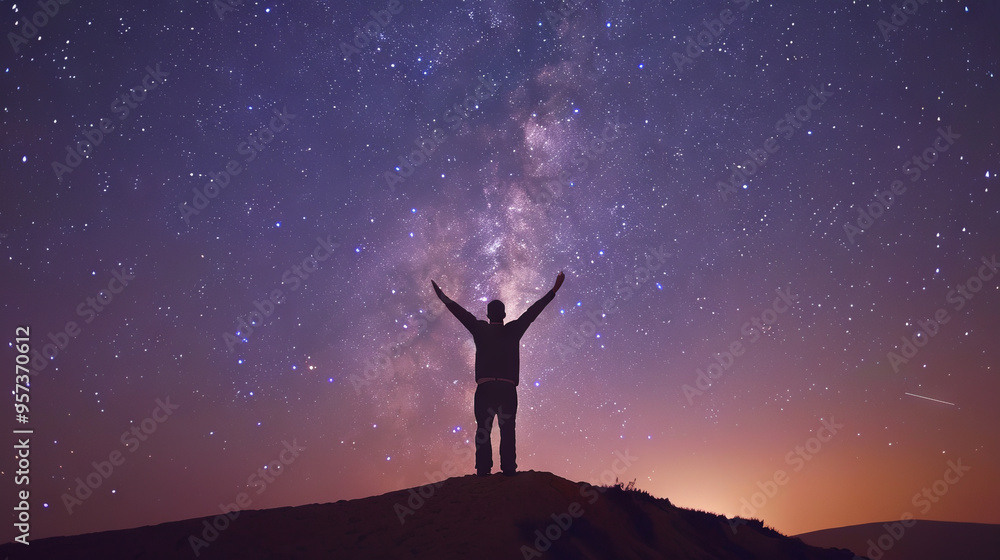 Silhouette of Person Standing on Hill Under Starry Sky with Meteor Shower. Concept of Stargazing, Night Sky, Celestial Wonders Silhouette of Person Standing on Hill Under Starry Sky with Meteor Shower. Concept of Stargazing, Night Sky, Celestial Wonders