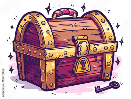 Flat Cartoon Illustration: Unlock the Treasure with the Golden Key - Rewards, Achievements, and Content Unlocking
