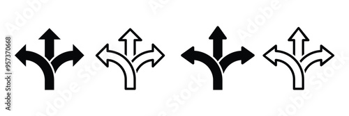 Set of Three way directional icon collection. Road, direction, branching arrow symbol. Vector Illustration.
