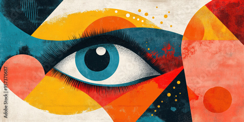 Abstract eye illustration with colorful geometric shapes and textures