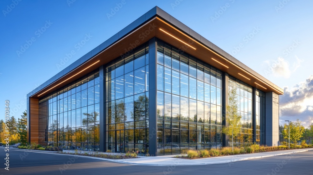 Modern office building with large glass windows Modern office building with large glass windows