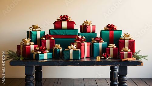 wooden table with many gift boxes