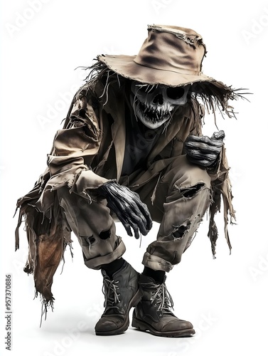 Terrifying Scarecrow Halloween Character - Spooky Horror Concept Art with Menacing Expression and Tattered Clothing for Halloween and Horror-Themed Projects