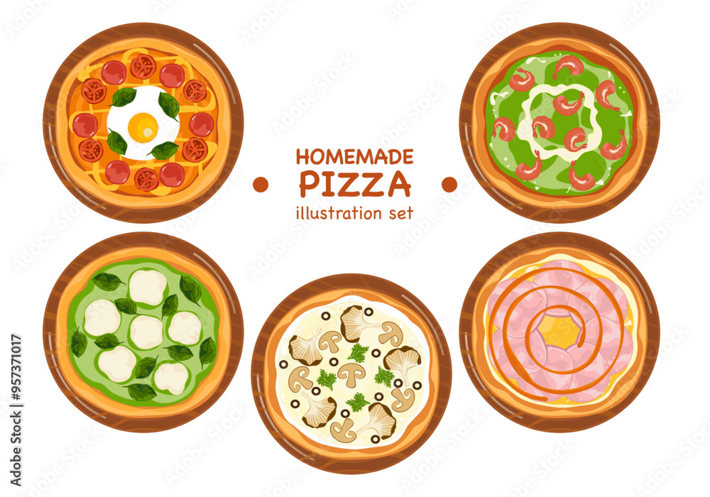 A set of delicious fast food illustrations of Italian food: homemade pizza on a tray, top view, various faces, cooking, food menu, isolated on a white background for poster design and advertising.
A set of delicious fast food illustrations of Italian food: homemade pizza on a tray, top view, various faces, cooking, food menu, isolated on a white background for poster design and advertising.