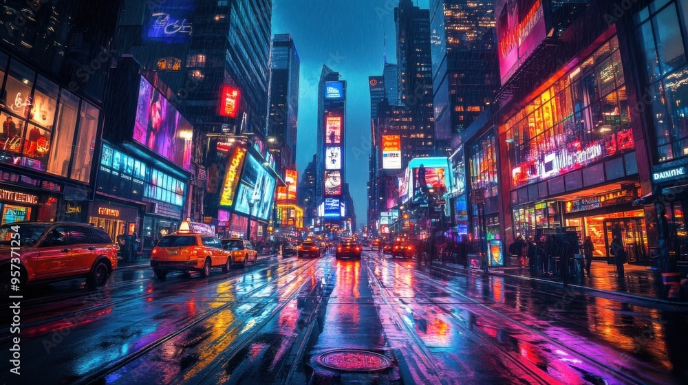 Neon-lit street in a busy downtown area Neon-lit street in a busy downtown area